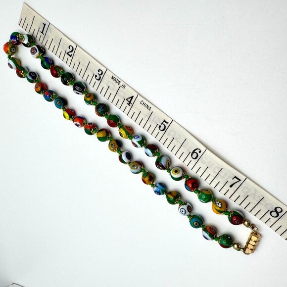 Venice Murano Millefiori Glass Mosaic Bracelet Multicolored Beads GoldTone 16" - Picture 4 of 7